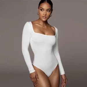 Women Basic Solid Color Long Sleeve Square Neck Bodysuit