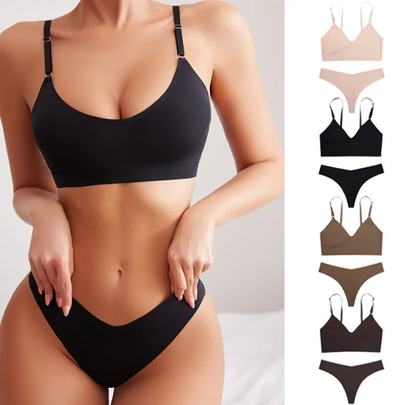 Women Basic Comfortable Solid Color No Trace Bra And Breathable Yoga Sports Panty Set