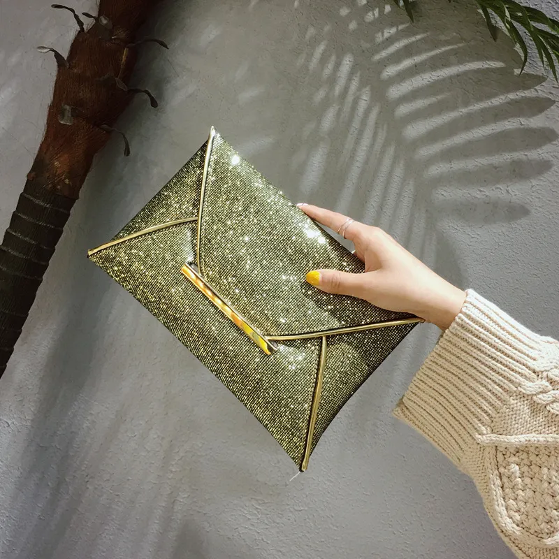 Women Chic Sequin Clamshell Design Solid Color Synthetic Leather Clutch Envelope Bag