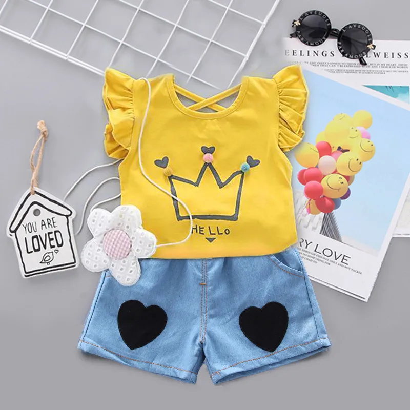 Baby Girls Cute Stringy Selvedge Crown Pompon T-shirt and Denim Shorts Set Sleeveless Cartoon Flowers Two Piece Outfit