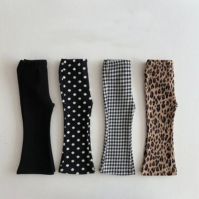 Girls Basic Plaid Polka Dot Leopard Print Flared Pants for Baby Girls (0-3T) Long Cotton Mid Waist