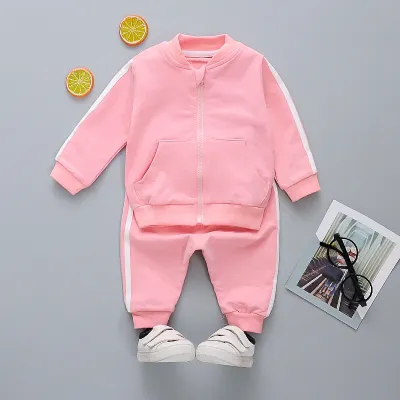 Kids Casual Stripe Long Sleeve Zipper Coat And Pants Set Sports Unisex Two Piece