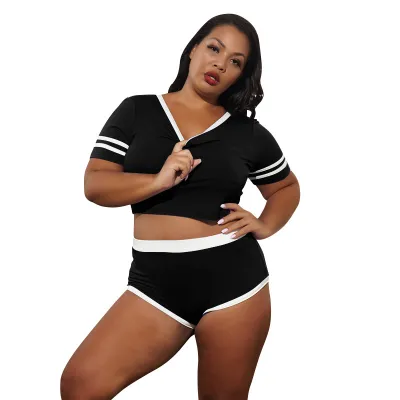 Women Plus Size Color Blocking Short Sleeves Round Neck Crop Top And Shorts Set