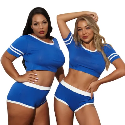 Women Plus Size Color Blocking Short Sleeves Round Neck Crop Top And Shorts Set
