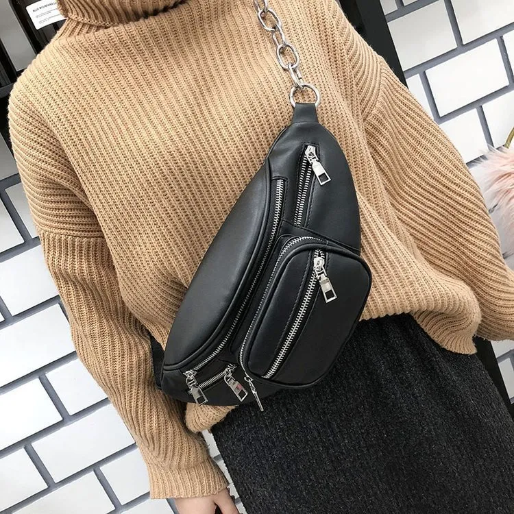 Women Casual Zipper Design Solid Color Large Capacity PU Waist Chest Bag