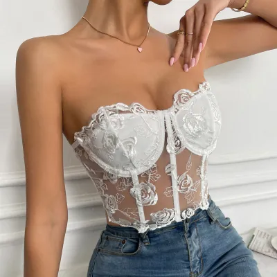 Women Sexy Edgy Night Out Lace Mesh See-through Crop Tube Top