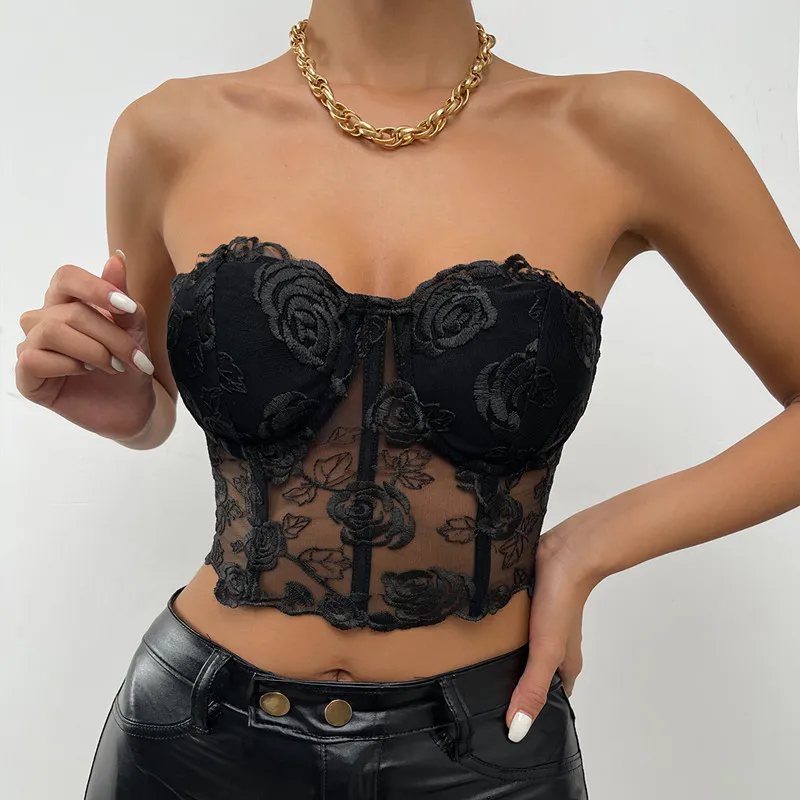 Women Sexy Edgy Night Out Lace Mesh See-through Crop Tube Top