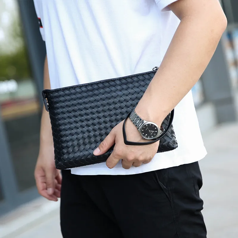 Men Woven Solid Color Horizontal Square Clutch Envelope Big Bag with Zipper