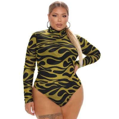 Plus Size Women Long-sleeved Sexy Mesh See-through Bodysuit