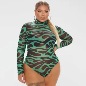 Plus Size Women Long-sleeved Sexy Mesh See-through Bodysuit
