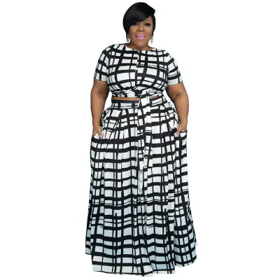 Plus Size Women Casual Short Sleeve Plaid Top And Wide Leg Pants Two-Piece Set