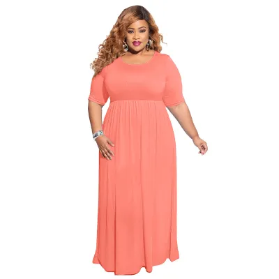 Women Plus Size Sexy Swing Skirt Dress Short Sleeve Round Neck Solid Color