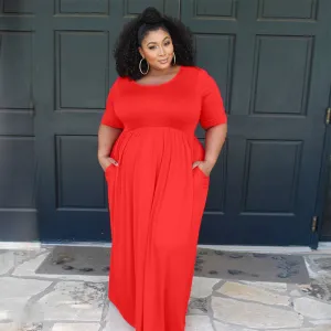 Women Plus Size Sexy Swing Skirt Dress Short Sleeve Round Neck Solid Color