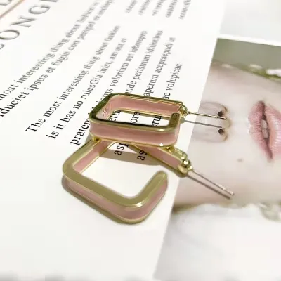 Elegant Simple Square Design Silver Needle Alloy Drip Glaze Stud Earrings for Women