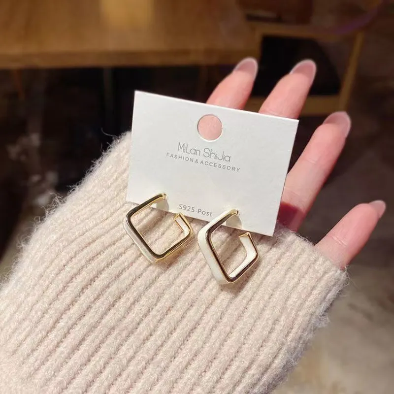Elegant Simple Square Design Silver Needle Alloy Drip Glaze Stud Earrings for Women