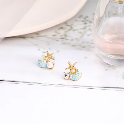 Creative Starfish Shell Pearl Rhinestone Decorative Alloy Earrings