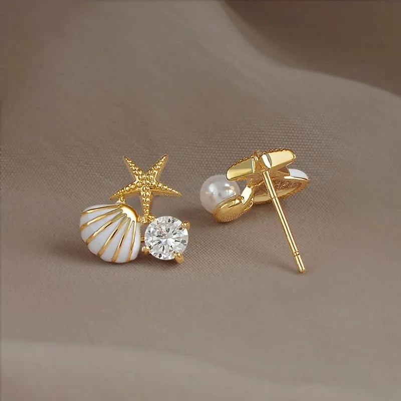 Creative Starfish Shell Pearl Rhinestone Decorative Alloy Earrings