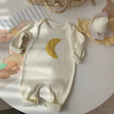 Baby Cute Round Neck Long-sleeved Moon Print Cotton Pullover Jumpsuit