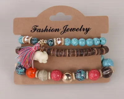 Boho Tassel Pendant Beaded Wooden Bracelet Set for Women