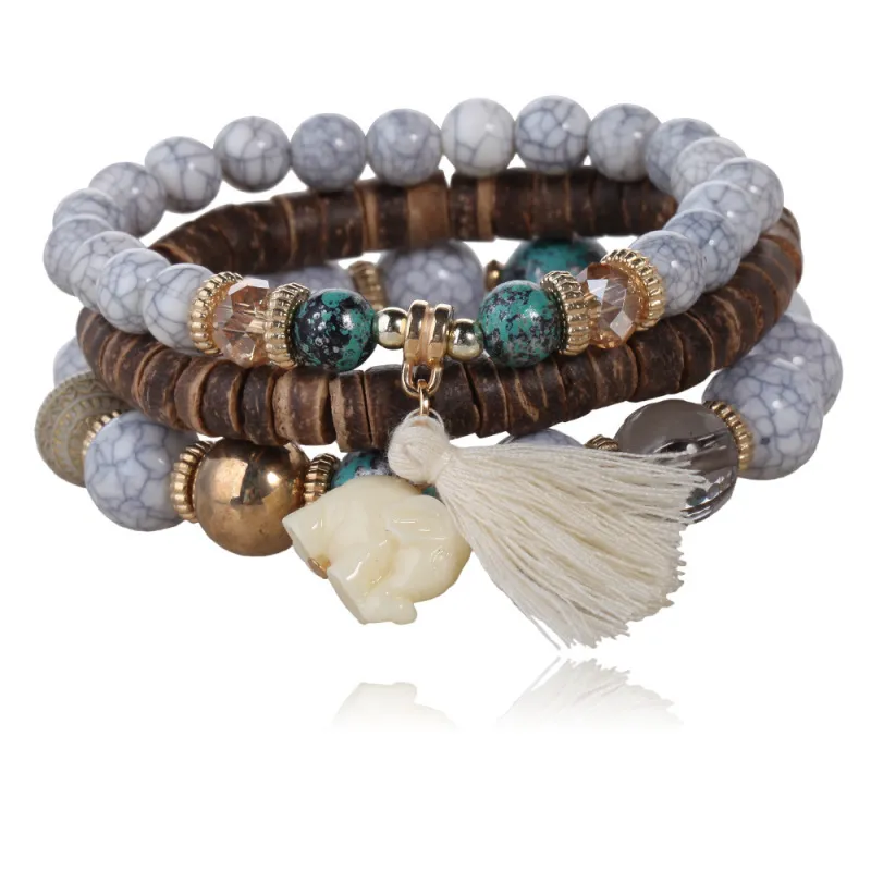 Boho Tassel Pendant Beaded Wooden Bracelet Set for Women