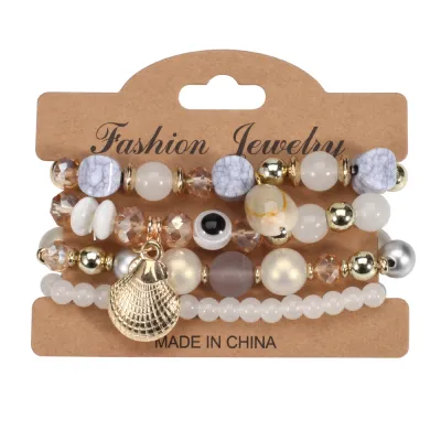 Boho Shell Pendant Beaded Elastic Bracelet Set for Women