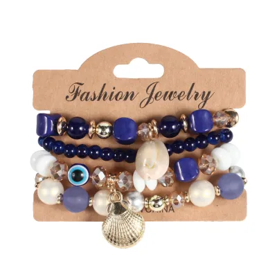 Boho Shell Pendant Beaded Elastic Bracelet Set for Women