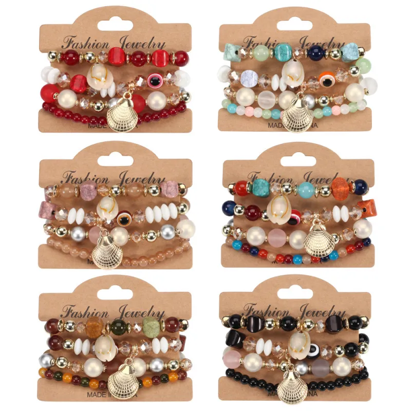 Boho Shell Pendant Beaded Elastic Bracelet Set for Women