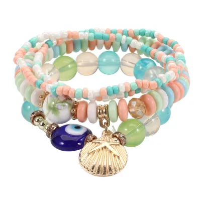 Boho Shell Pendant Beaded Elastic Bracelet Set for Women