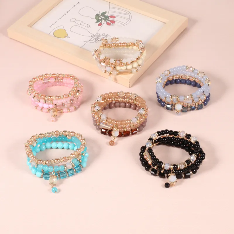 Boho Crystal Pendant Beaded Elastic Bracelet Set