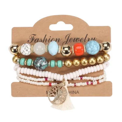 Boho Tree Tassel Pendant Beaded Elastic Bracelet Set Women's Geometric Glass