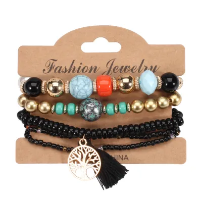 Boho Tree Tassel Pendant Beaded Elastic Bracelet Set Women's Geometric Glass