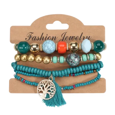 Boho Tree Tassel Pendant Beaded Elastic Bracelet Set Women's Geometric Glass