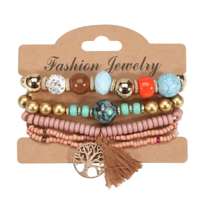 Boho Tree Tassel Pendant Beaded Elastic Bracelet Set Women's Geometric Glass