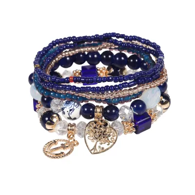 Boho Heart Pendant Beaded Elastic Bracelet Set for Women