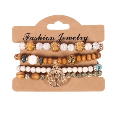 Boho Round Pendant Beaded Design Elastic Wood Bracelet Set