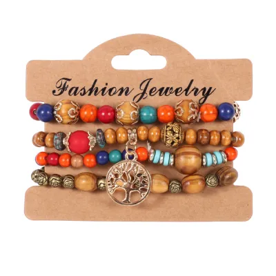 Boho Round Pendant Beaded Design Elastic Wood Bracelet Set
