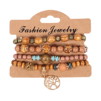 Boho Round Pendant Beaded Design Elastic Wood Bracelet Set