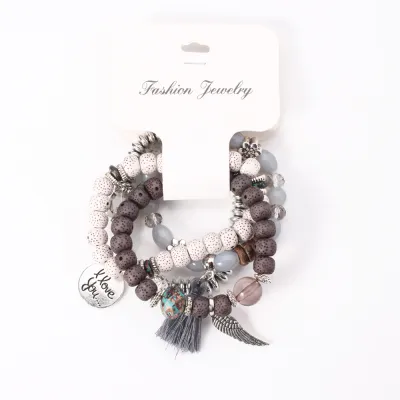 Boho Wings Tassel Pendant Beaded Elastic Bracelet Set for Women