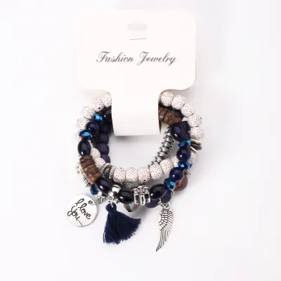 Boho Wings Tassel Pendant Beaded Elastic Bracelet Set for Women