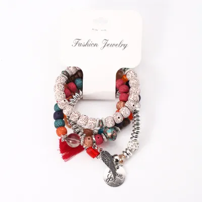 Boho Wings Tassel Pendant Beaded Elastic Bracelet Set for Women
