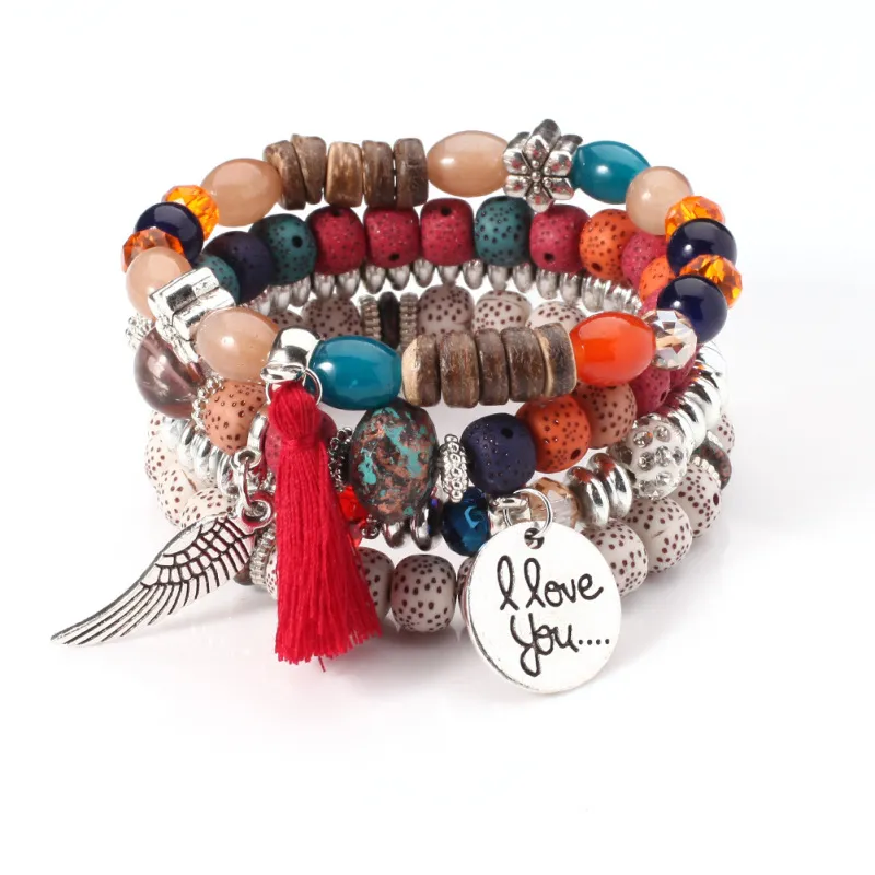 Boho Wings Tassel Pendant Beaded Elastic Bracelet Set for Women