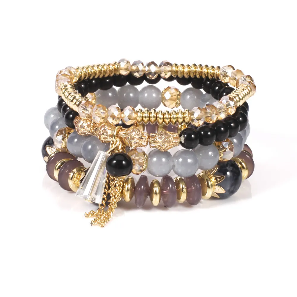 Boho Tassel Pendant Beaded Design Elastic Bracelet Set