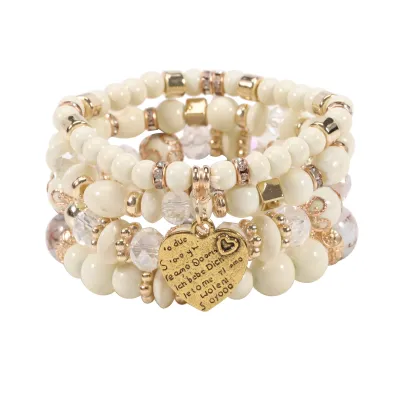 Boho Heart Pendant Beaded Design Elastic Bracelet Set