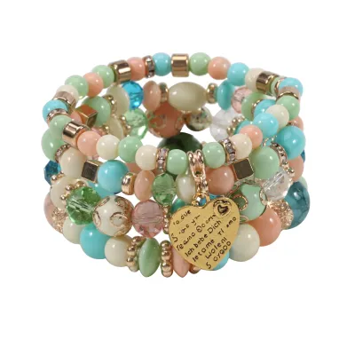 Boho Heart Pendant Beaded Design Elastic Bracelet Set