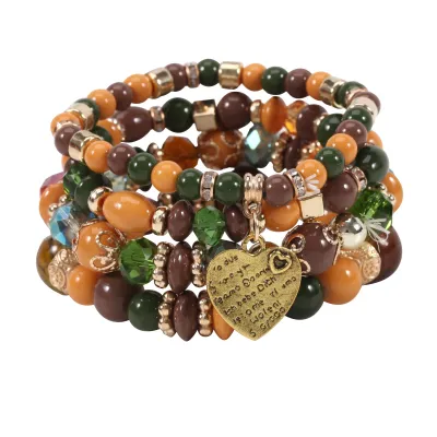 Boho Heart Pendant Beaded Design Elastic Bracelet Set