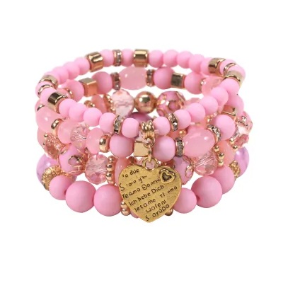 Boho Heart Pendant Beaded Design Elastic Bracelet Set