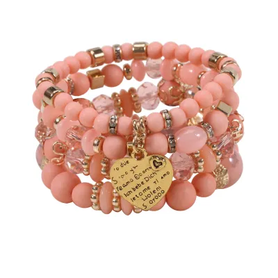 Boho Heart Pendant Beaded Design Elastic Bracelet Set
