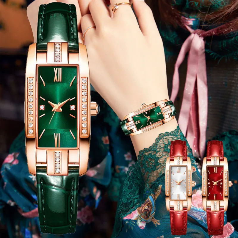 Women Classic Rhinestone Square Dial PU Band Quartz Watch