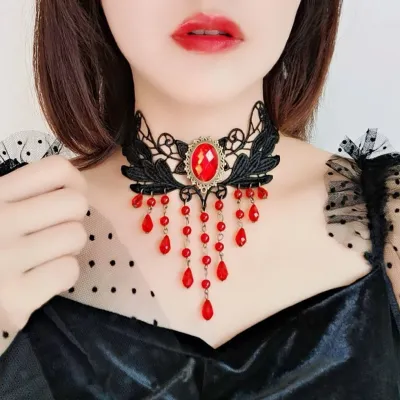 Gothic Gemstone Decorative Tassel Design Lace Choker Necklace