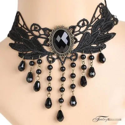 Gothic Gemstone Decorative Tassel Design Lace Choker Necklace